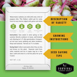 Seed packet for Daikon radish with growing instructions and seed saving tips on a green background.