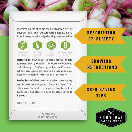 Seed packet for Daikon radish with growing instructions and seed saving tips on a green background.