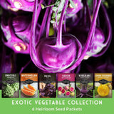 Promotional graphic for the 'Exotic Vegetable Collection' by Seedritive, featuring a close-up of a vibrant purple kohlrabi in the background and six seed packet covers lined up at the bottom. The packets are for broccoli, watermelon, basil, radish, kohlrabi, and lemon cucumber.