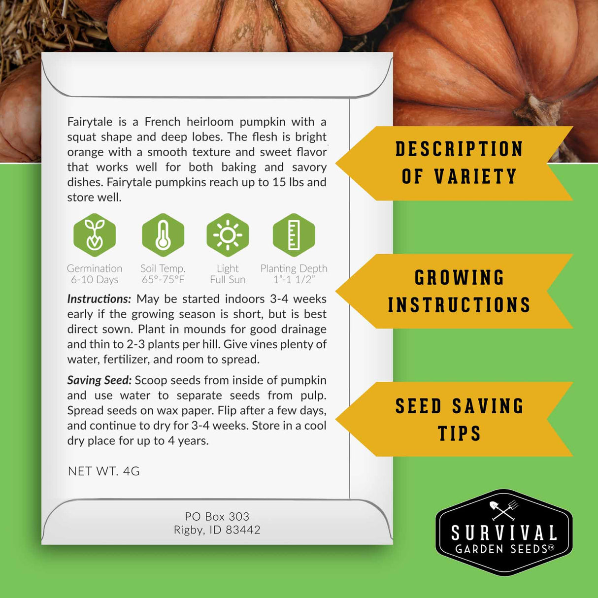 Survival Garden Seeds packaging for Fairytale pumpkin seeds with text and graphics.