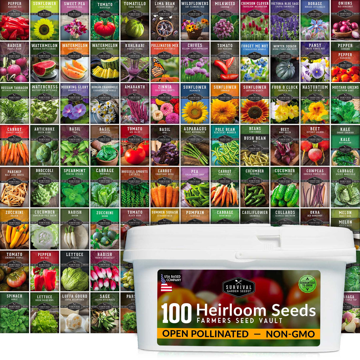 Collection of seed packets with a container labeled '100 Heirloom Seeds' on a white background.