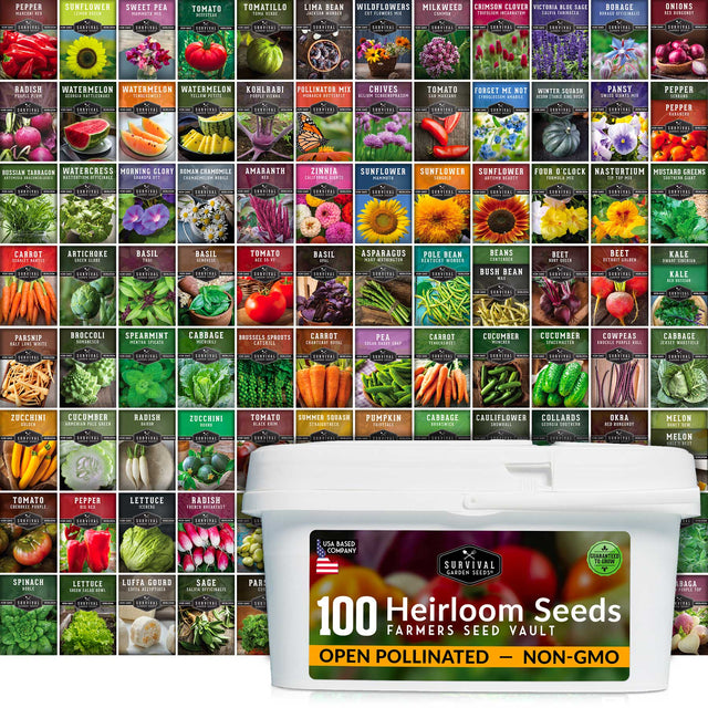 Collection of seed packets with a container labeled '100 Heirloom Seeds' on a white background.