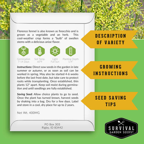 Survival Garden Seeds packaging with Florence fennel information on a green background