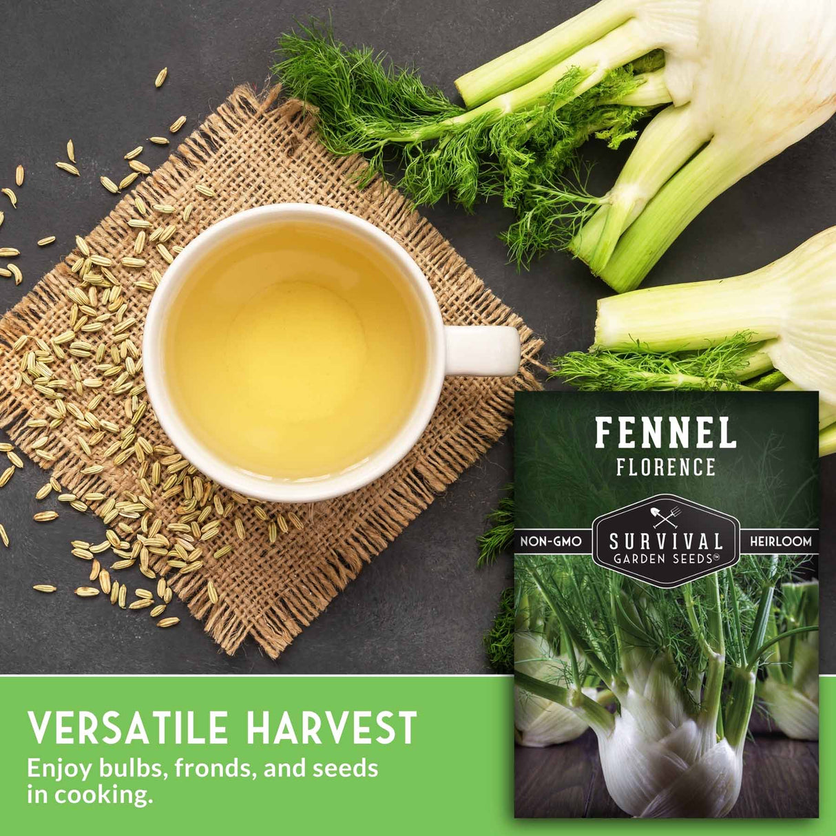Fennel bulb, fronds, seeds, cup of fennel tea, and Survival Garden Seeds package on a dark surface.