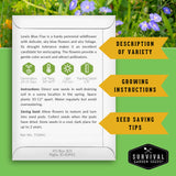 Seed packet for Lewis Blue Flax with growing instructions and seed saving tips on a green background.