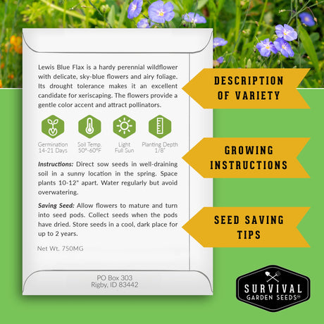 Seed packet for Lewis Blue Flax with growing instructions and seed saving tips on a green background.