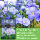 Blue flax flowers with a seed packet labeled 'Survival Garden Seeds' in the foreground.