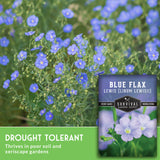 Blue flax plants with a seed packet labeled 'Blue Flax' and branding for Survival Garden Seeds.
