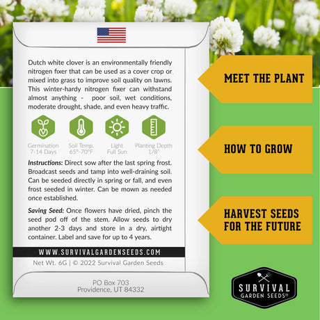 Survival Garden Seeds packaging with information on Dutch white clover seeds against a green background with flowers.