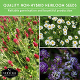 Collage of various flowers with text about non-hybrid heirloom seeds and Survival Garden Seeds logo.