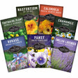 Collection of Survival Garden Seeds packets with various flower names and images on a white background