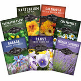 Collection of Survival Garden Seeds packets with various flower names and images on a white background