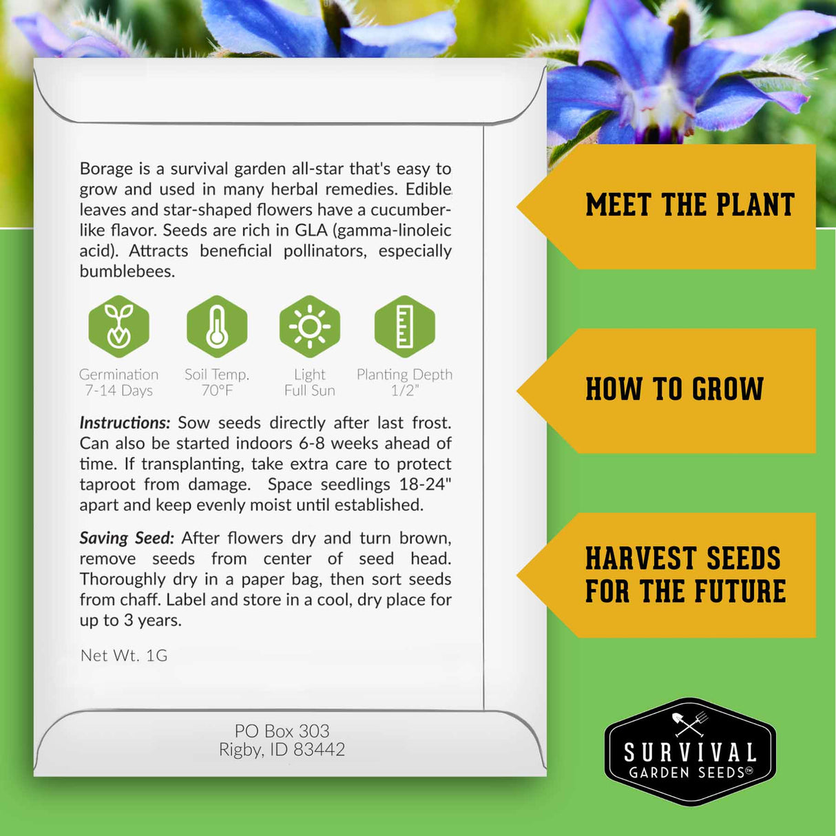 Survival Garden Seeds borage seed packet with plant information and instructions.