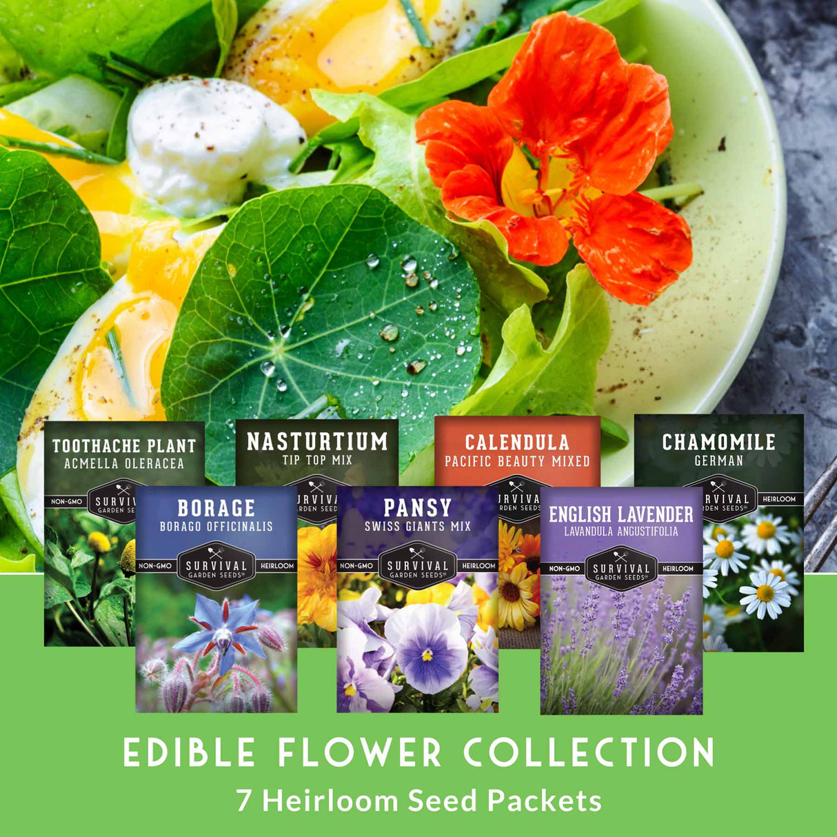 Collection of edible flower seed packets with a salad background