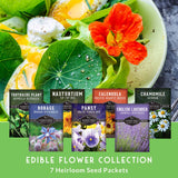 Collection of edible flower seed packets with a salad background