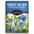 Survival Garden Seeds packaging for 'Forget Me Not' with blue flowers on a white background