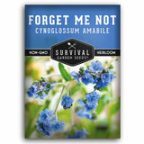 Survival Garden Seeds packaging for 'Forget Me Not' with blue flowers on a white background
