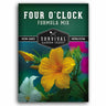 Survival Garden Seeds Four O'Clock Formula Mix packaging with a yellow flower on a dark green background.