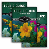 Three packages of Survival Garden Seeds Four O'Clock Formula Mix on a white background