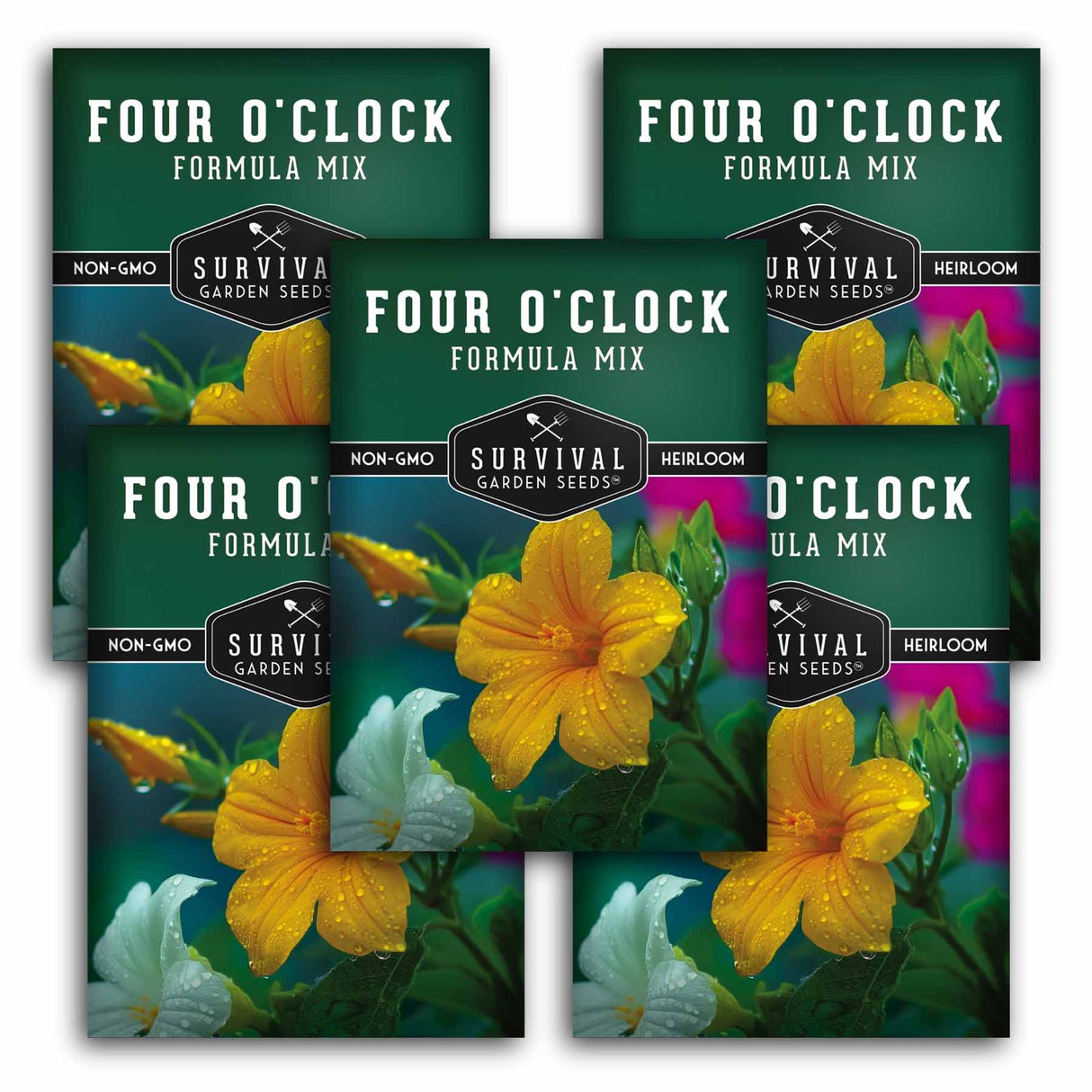 Multiple packages of Four O'Clock Formula Mix from Survival Garden Seeds with floral imagery.
