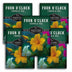 Multiple packages of Four O'Clock Formula Mix from Survival Garden Seeds with floral imagery.