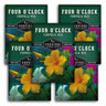 Multiple packages of Four O'Clock Formula Mix from Survival Garden Seeds with floral imagery.