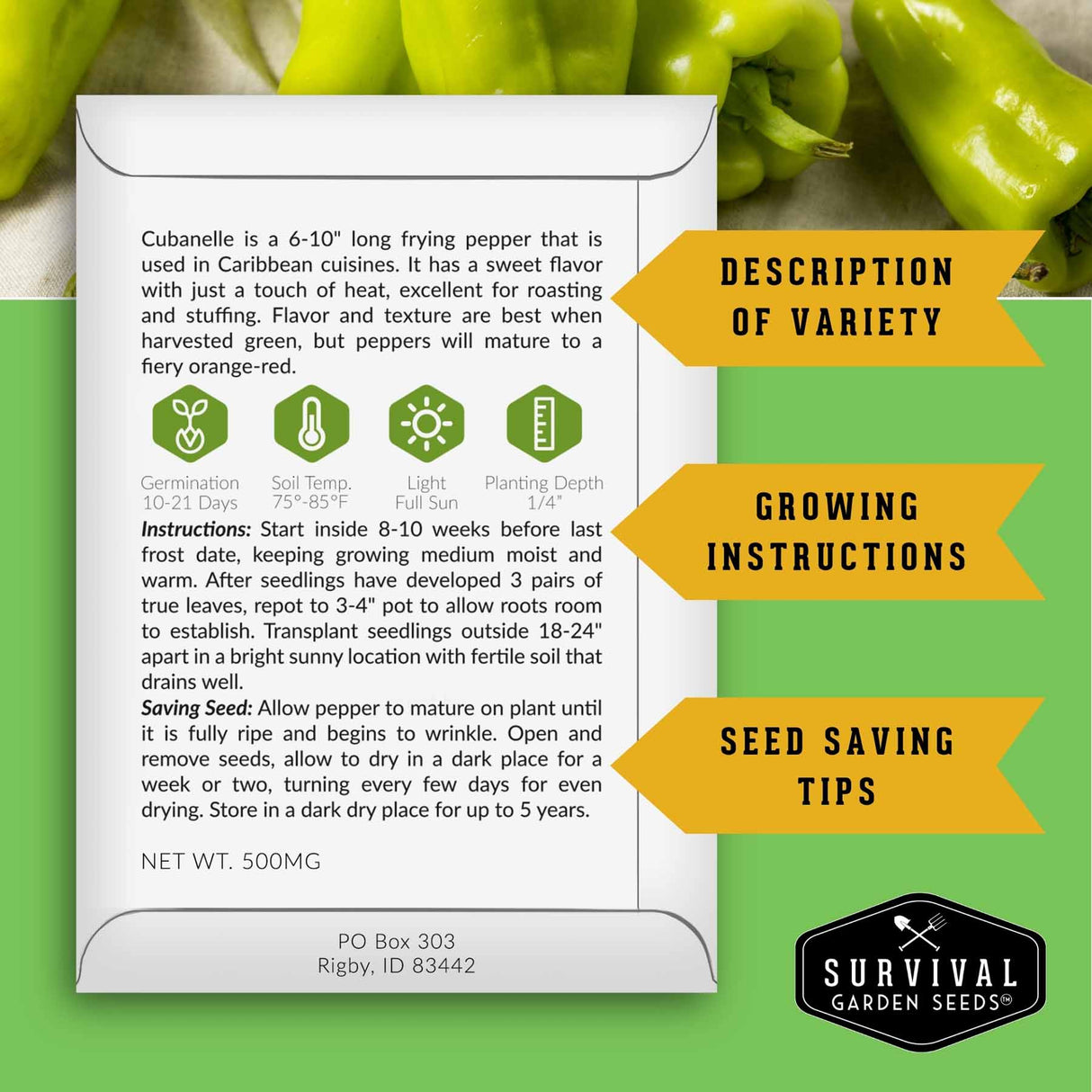 Survival Garden Seeds packaging with cubanelle pepper information on a green background