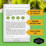 Survival Garden Seeds packaging with cubanelle pepper information on a green background