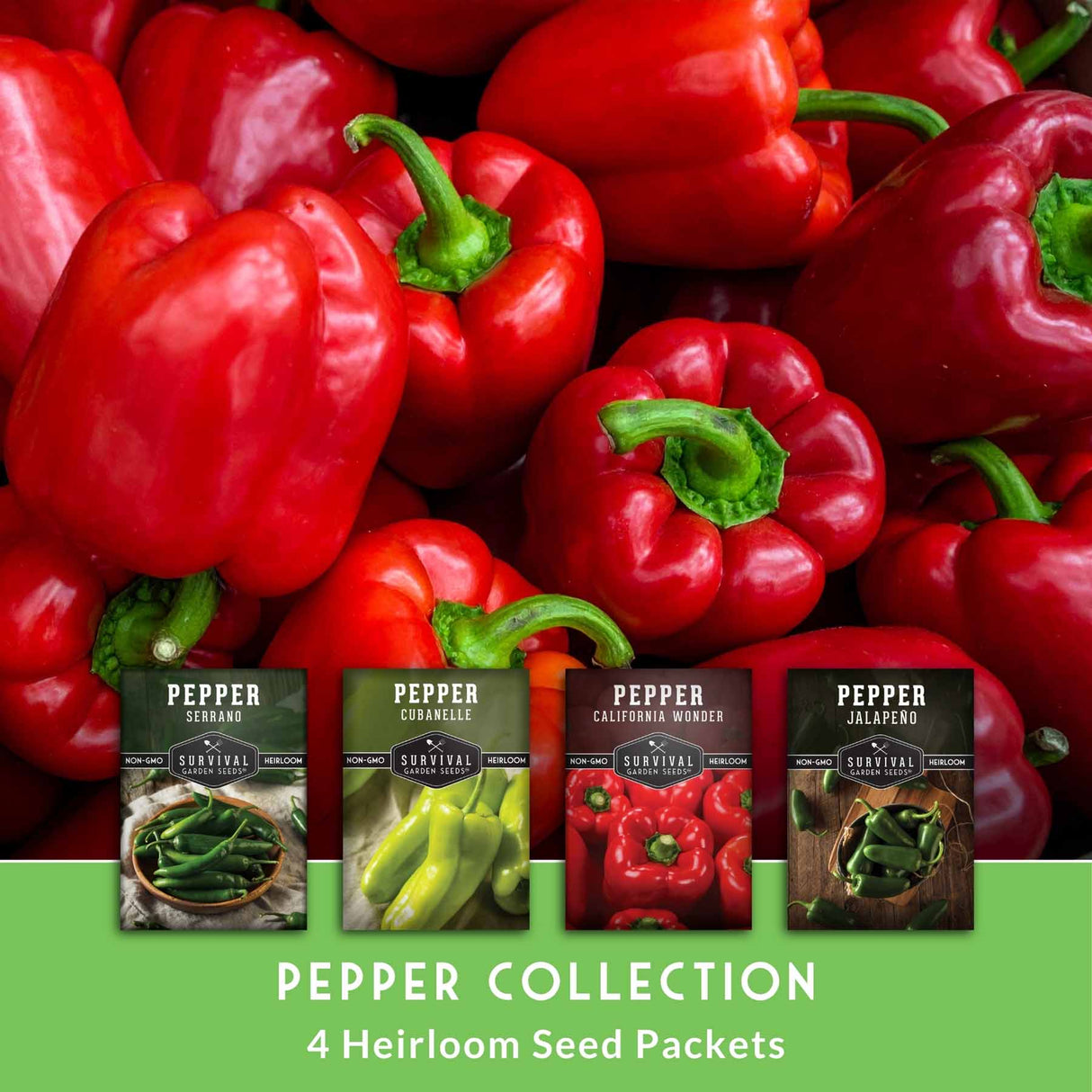 Red bell peppers with four pepper seed packets displayed below on a green background.