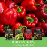 Red bell peppers with four pepper seed packets displayed below on a green background.