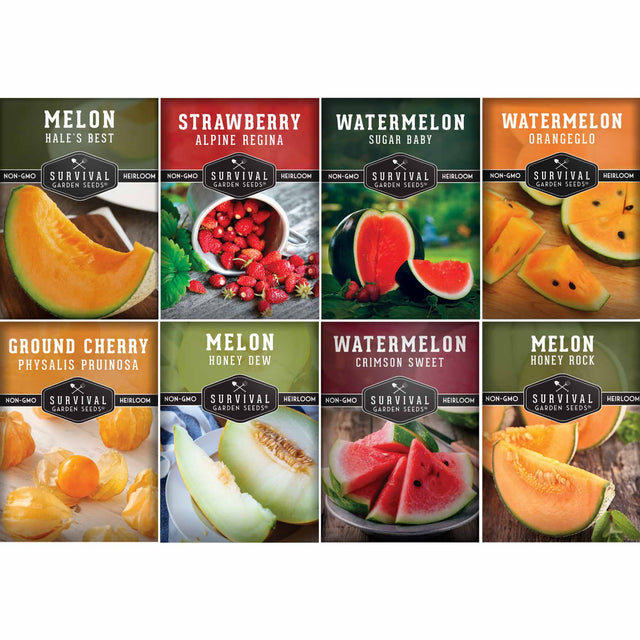 Collection of Survival Garden Seeds packaging for various melon and fruit varieties on a white background.