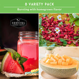 8 Variety Pack of Survival Garden Seeds with images of a jar of pink juice, watermelon, raspberries, and cantaloupe.