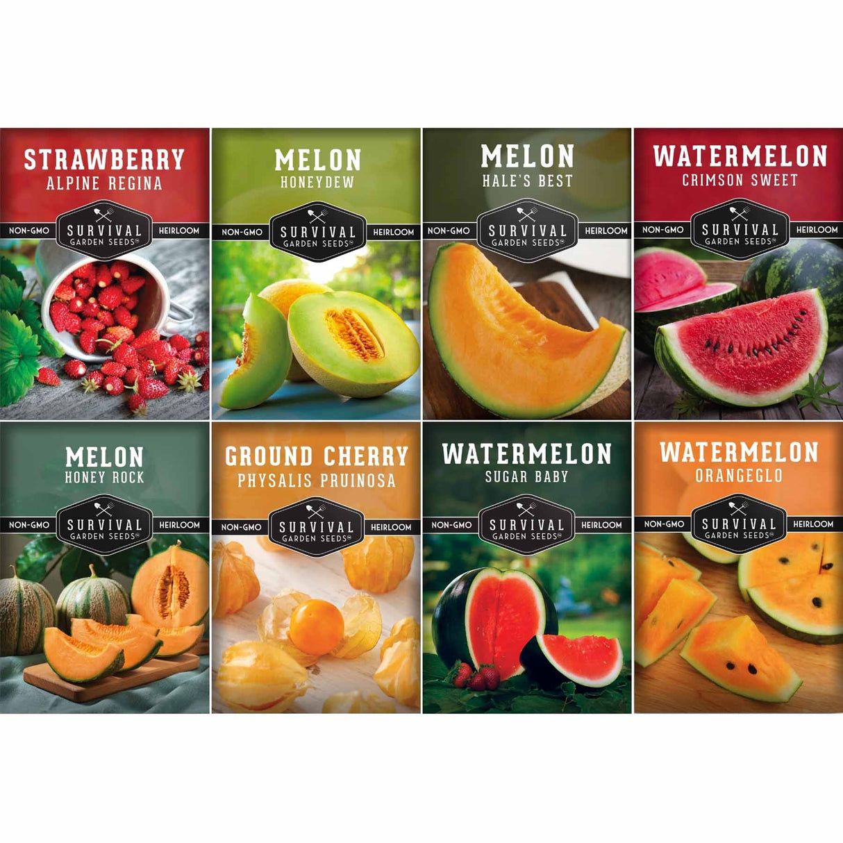 A 2x4 grid of eight fruit seed packet designs featuring strawberries, melons, watermelons, and ground cherries, each labeled Survival Gardens Seeds.
