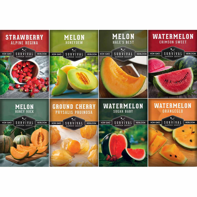 A 2x4 grid of eight fruit seed packet designs featuring strawberries, melons, watermelons, and ground cherries, each labeled Survival Gardens Seeds.