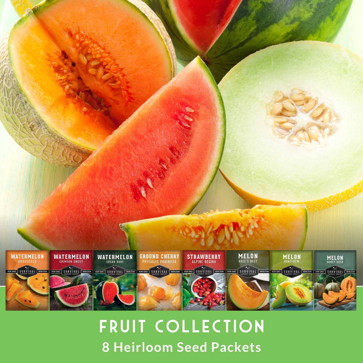 A fruit collection seed packet bundle featuring watermelon and melon varieties, with large fresh watermelon and melon slices in the background and eight seed packet options shown along the bottom. Text at the bottom reads 'FRUIT COLLECTION 8 Heirloom Seed Packets'.