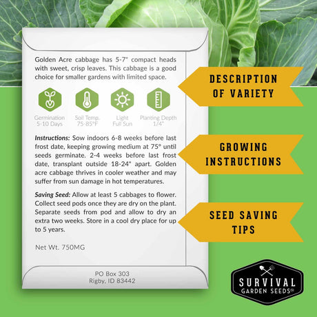 A promotional graphic for Golden Acre cabbages from Survival Garden Seeds, featuring a text block with growing information, icons for germination, soil temp, light, and planting depth, and yellow callout banners labeled 'Description of Variety,' 'Growing Instructions,' and 'Seed Saving Tips' over a green leaf background.
