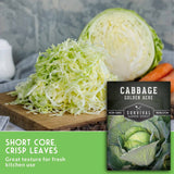 Shredded cabbage on a wooden cutting board with a whole cabbage and carrots in the background, alongside a seed packet labeled 'Cabbage Golden Acre' and text reading 'Short core, crisp leaves' and 'Great texture for fresh kitchen use.'.
