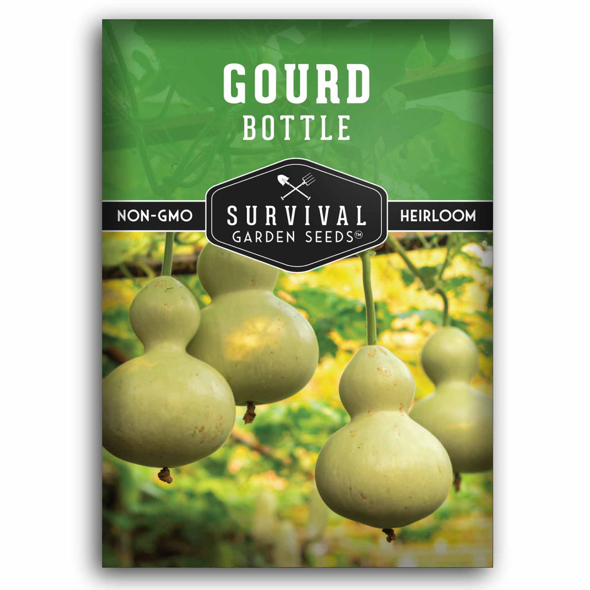 Gourd bottle seed packet with 'Survival Garden Seeds' branding and gourds on a green background.