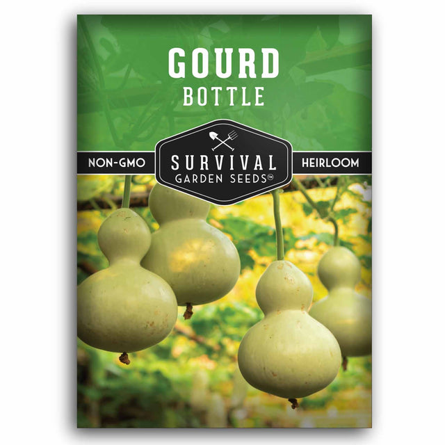 Gourd bottle seed packet with 'Survival Garden Seeds' branding and gourds on a green background.