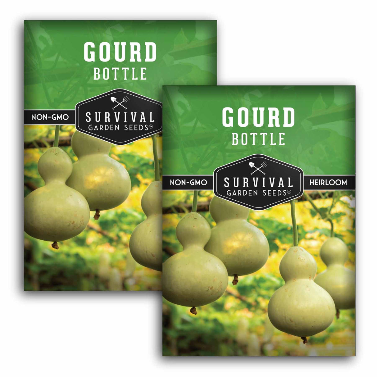 Two packages of Survival Garden Seeds Gourd Bottle with green gourds on a white background.