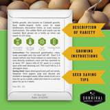 Survival Garden Seeds packaging with bottle gourd information on a green background