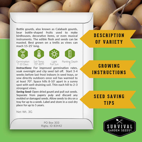 Survival Garden Seeds packaging with bottle gourd information on a green background