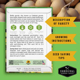 Survival Garden Seeds bottle gourd seed packet with text and graphics on a green background