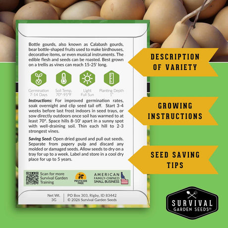 Survival Garden Seeds bottle gourd seed packet with text and graphics on a green background