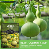Green gourd bottle on a vine with a seed packet labeled 'Gourd Bottle' in the corner.