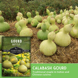 Calabash gourds on straw with a seed packet labeled 'Gourd Bottle' in the corner.