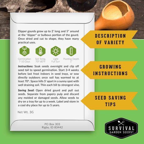 Survival Garden Seeds gourd seed packet with text and illustrations on a green background