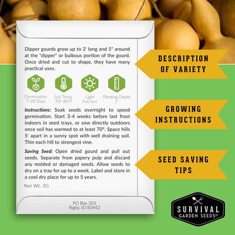 Seed packet for dipper gourds with growing instructions and seed saving tips on a green background.