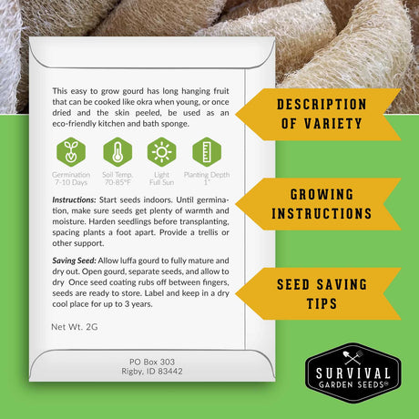 Survival Garden Seeds packaging with text and icons on a green background