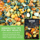 Assorted gourds with a label for Survival Garden Seeds on a green background